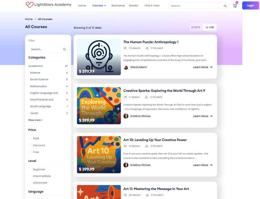 LightStars Academy academic platform dashboard and course screens